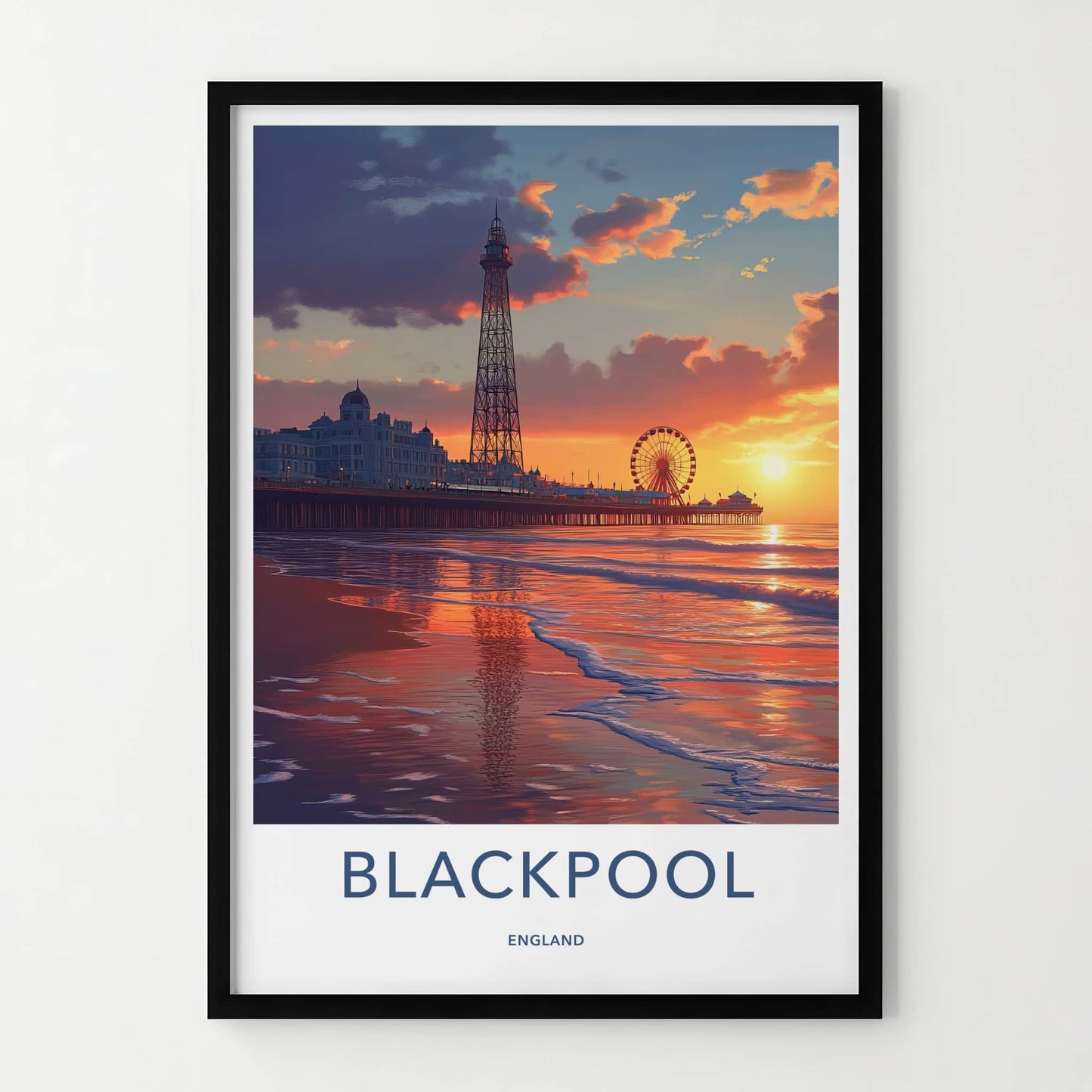 Blackpool Poster - England Travel Art - Sunset Pier Reflection Home Decor