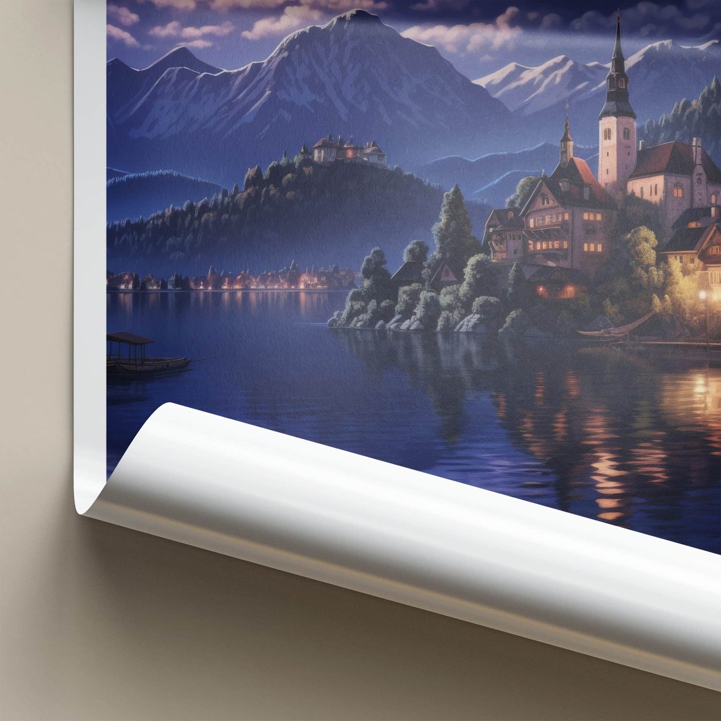 Bled Poster - Slovenia Framed Print - Moonlit Lake Scene Lounge Decor