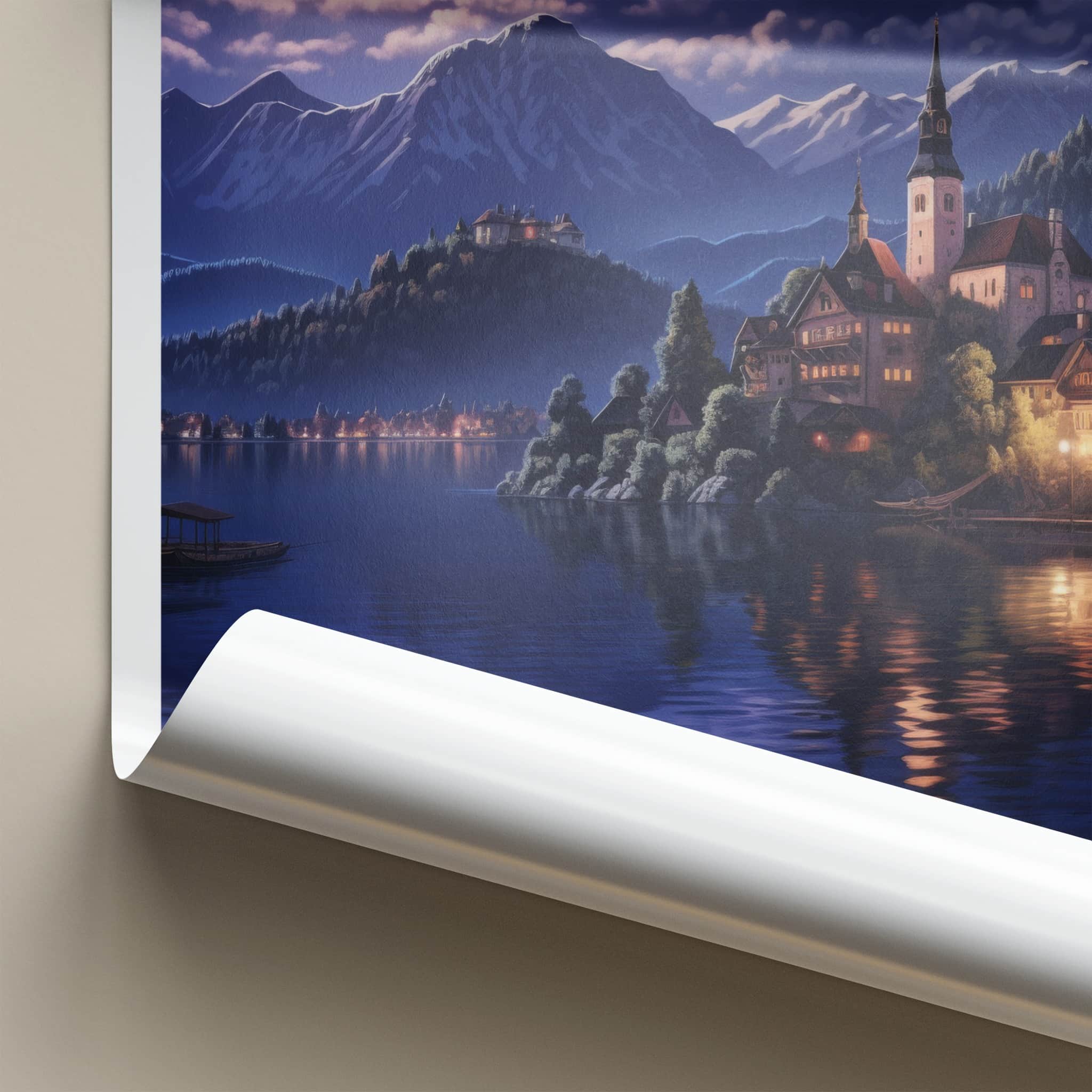 Bled Poster - Slovenia Framed Print - Moonlit Lake Scene Lounge Decor