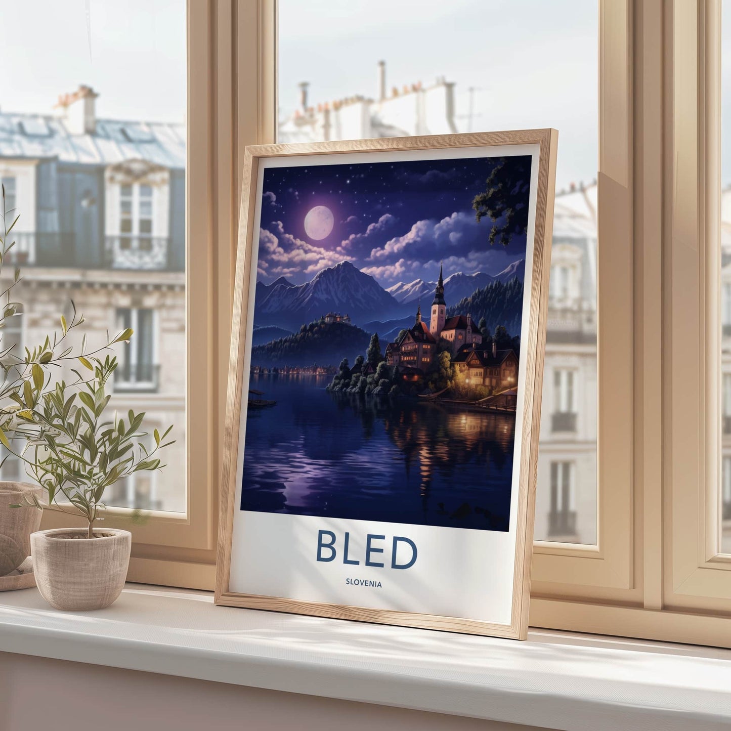 Bled Poster - Slovenia Framed Print - Moonlit Lake Scene Lounge Decor