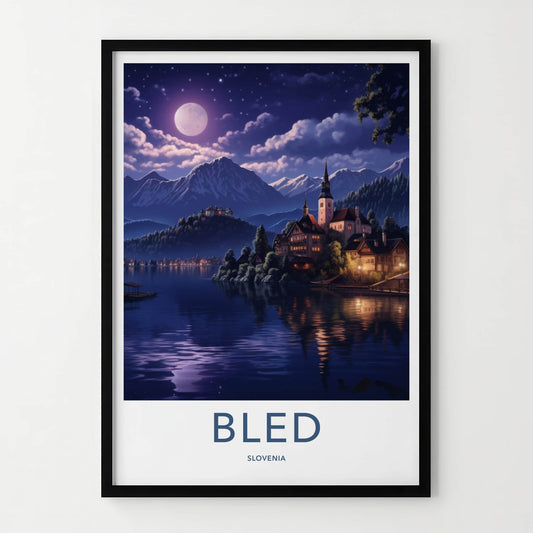 Bled Poster - Slovenia Framed Print - Moonlit Lake Scene Lounge Decor