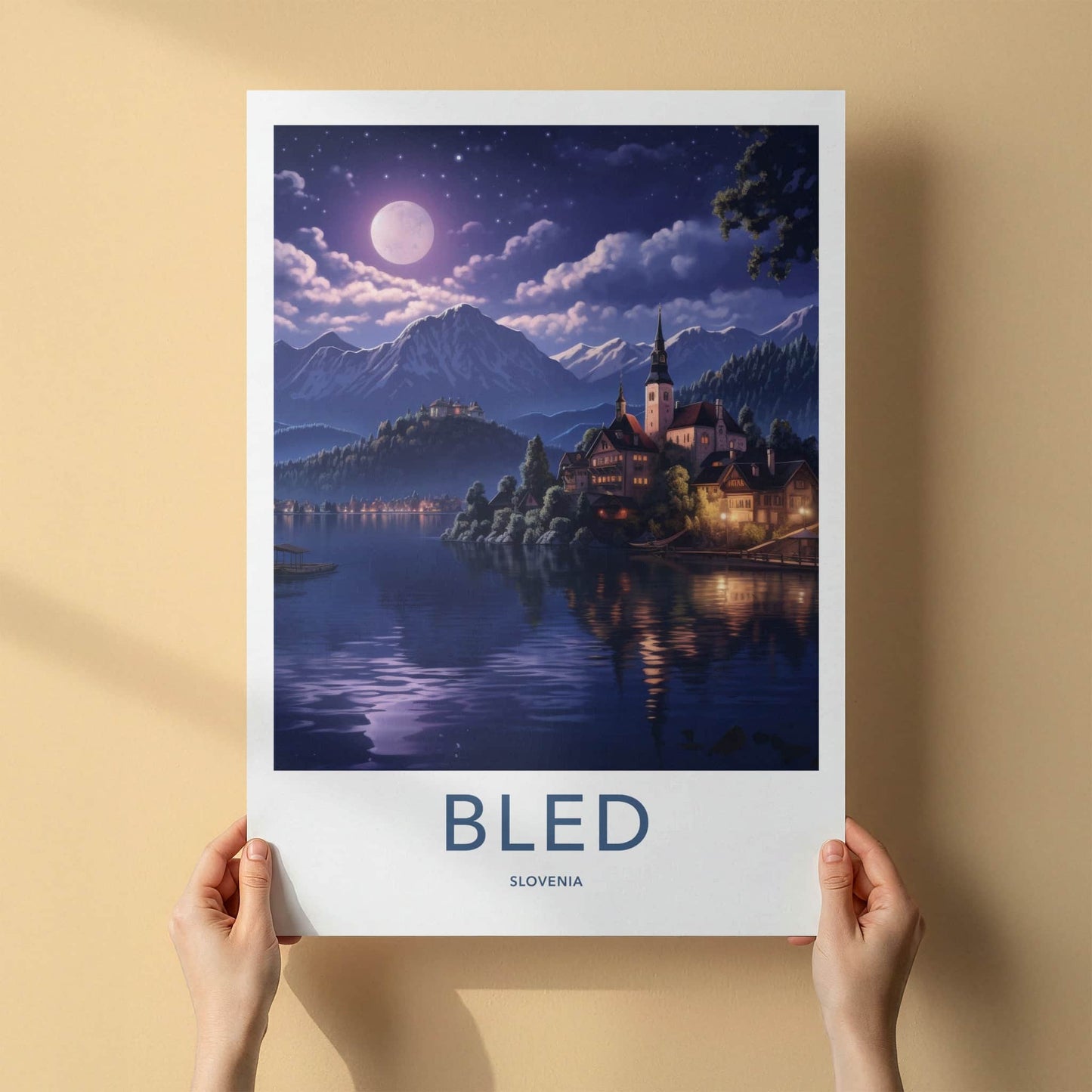 Bled Poster - Slovenia Framed Print - Moonlit Lake Scene Lounge Decor
