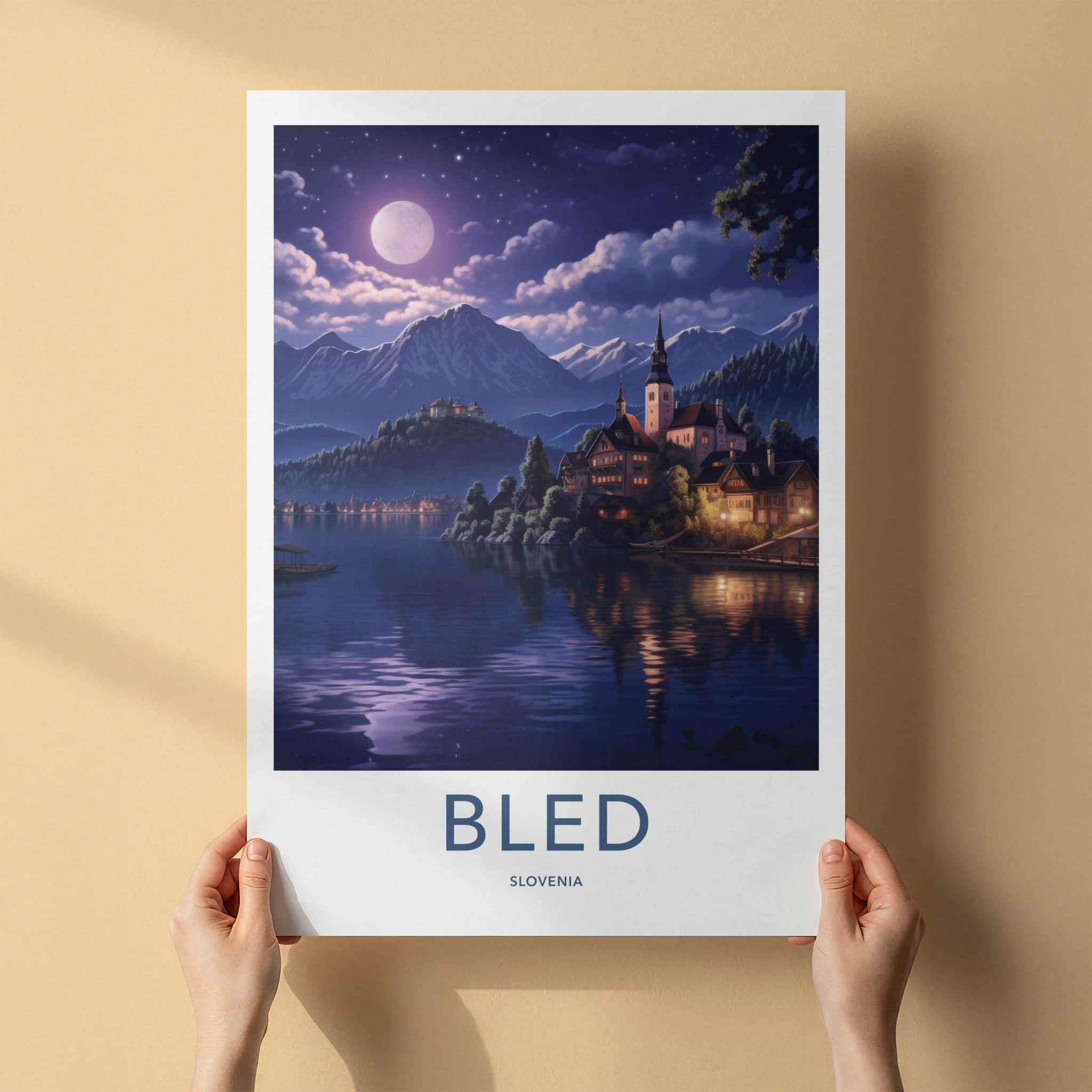 Bled Poster - Slovenia Framed Print - Moonlit Lake Scene Lounge Decor