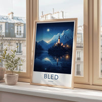 Bled Poster - Slovenia Travel Art - Moonlit Island Church Home Decor