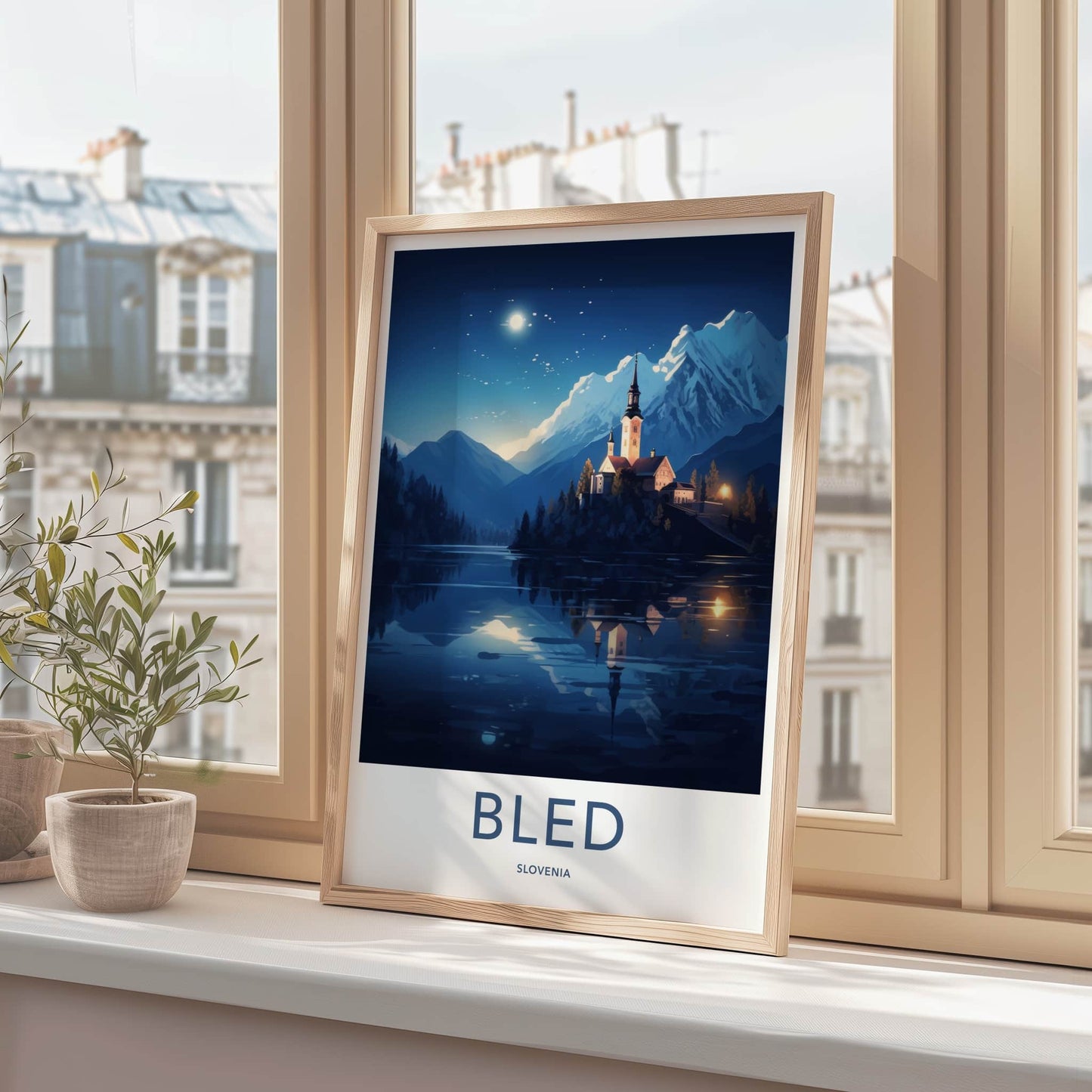 Bled Poster - Slovenia Travel Art - Moonlit Island Church Home Decor