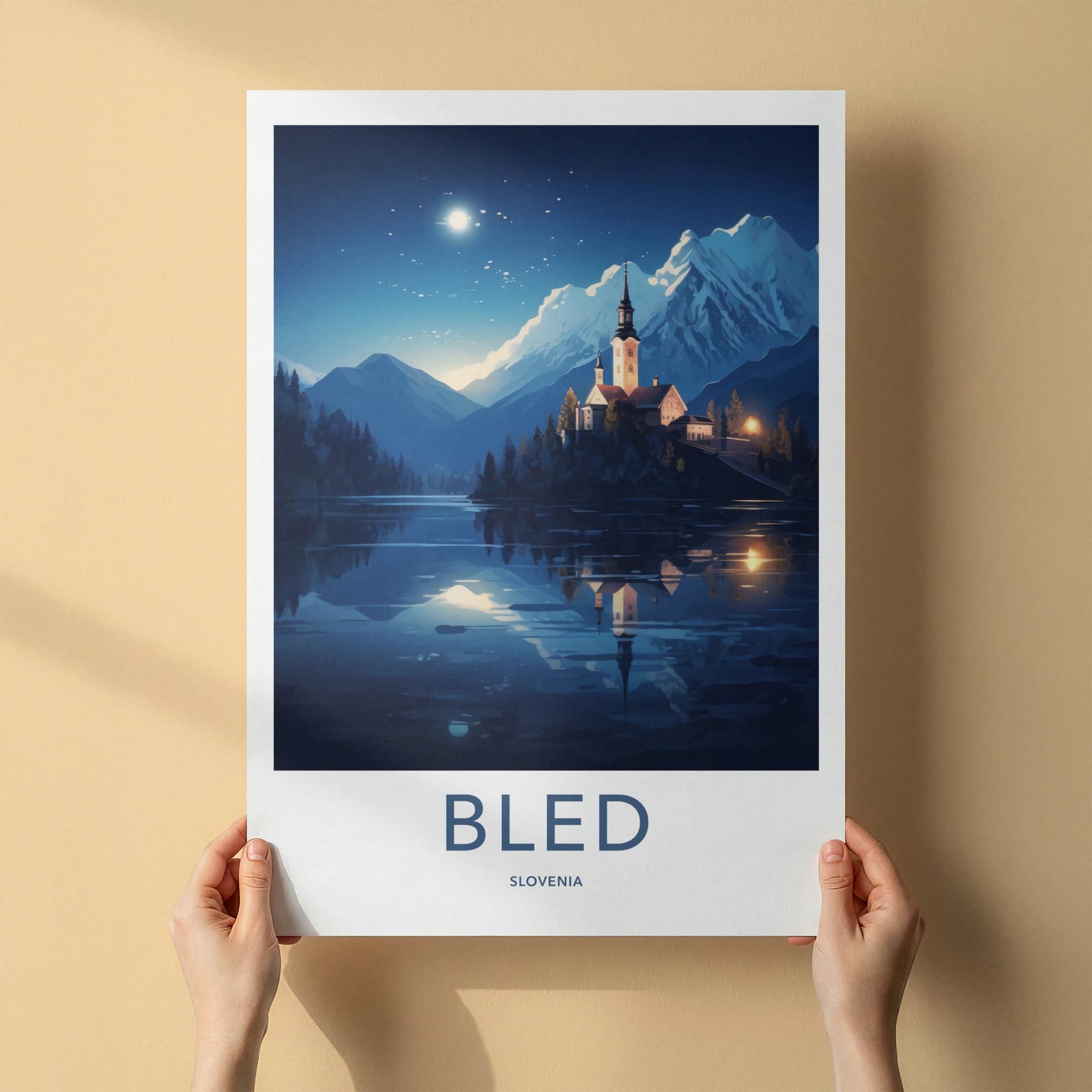 Bled Poster - Slovenia Travel Art - Moonlit Island Church Home Decor