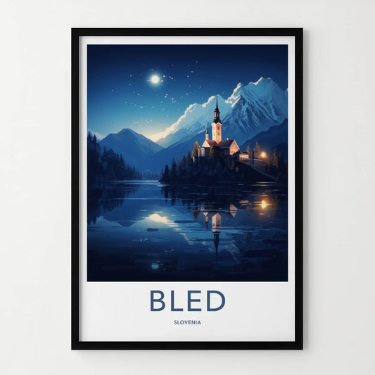 Bled Poster - Slovenia Travel Art - Moonlit Island Church Home Decor