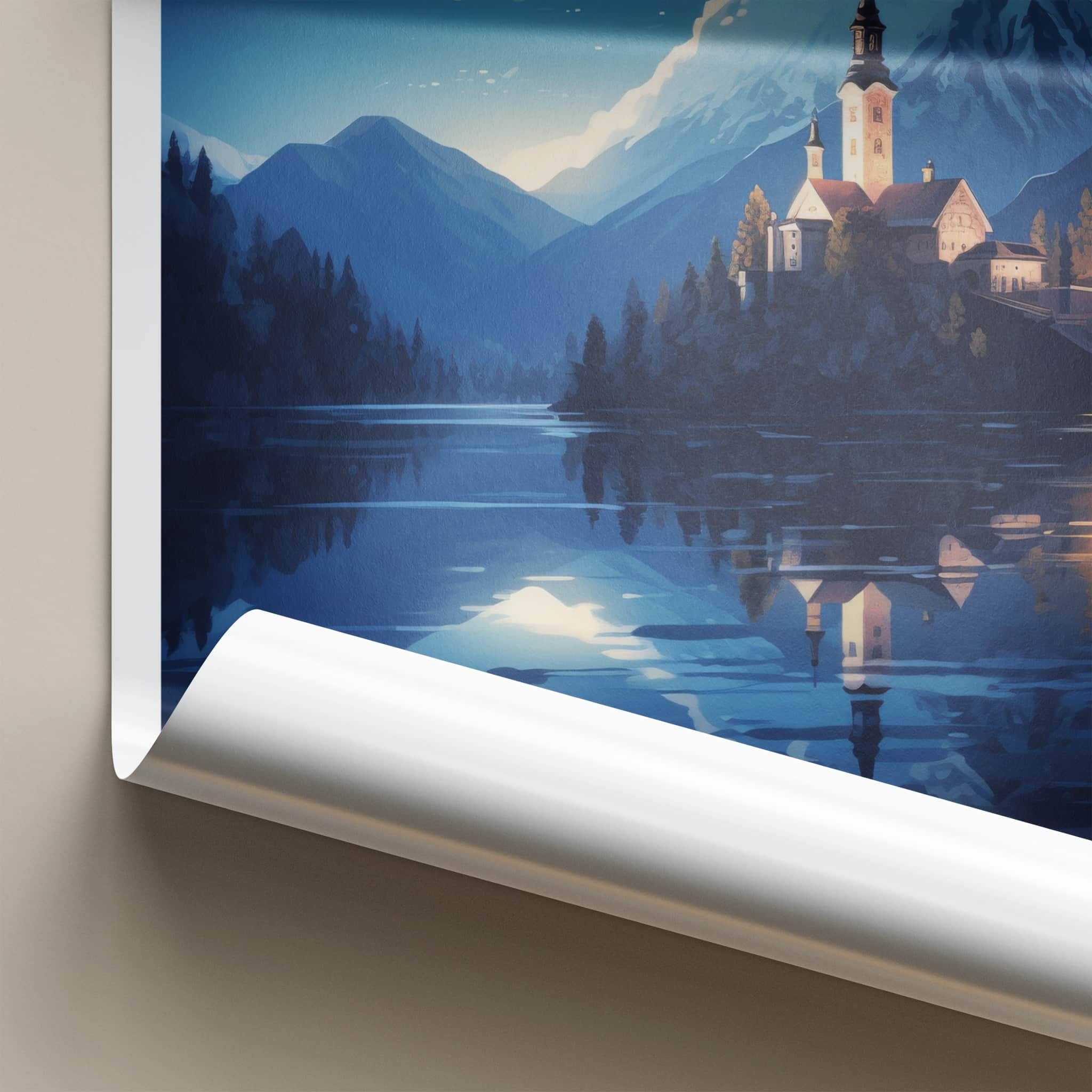 Bled Poster - Slovenia Travel Art - Moonlit Island Church Home Decor