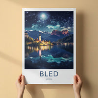 Bled Poster - Slovenia Wall Art - Moonlit Mountain Scene Gallery Art