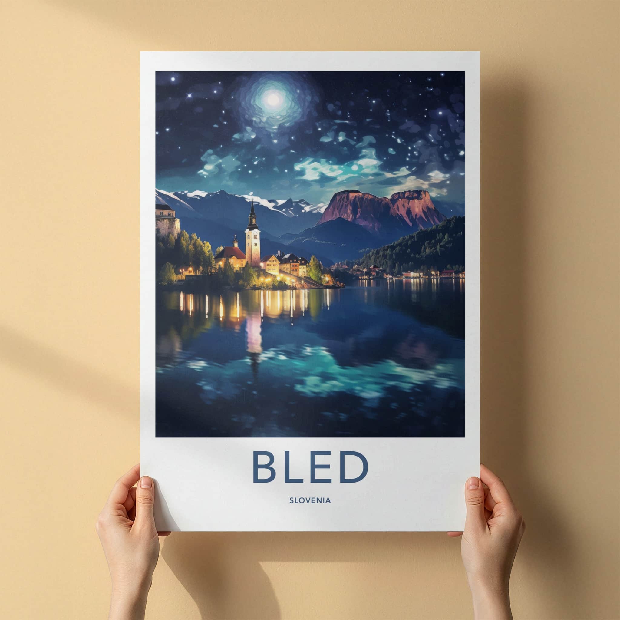 Bled Poster - Slovenia Wall Art - Moonlit Mountain Scene Gallery Art