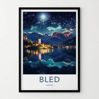 Bled Poster - Slovenia Wall Art - Moonlit Mountain Scene Gallery Art