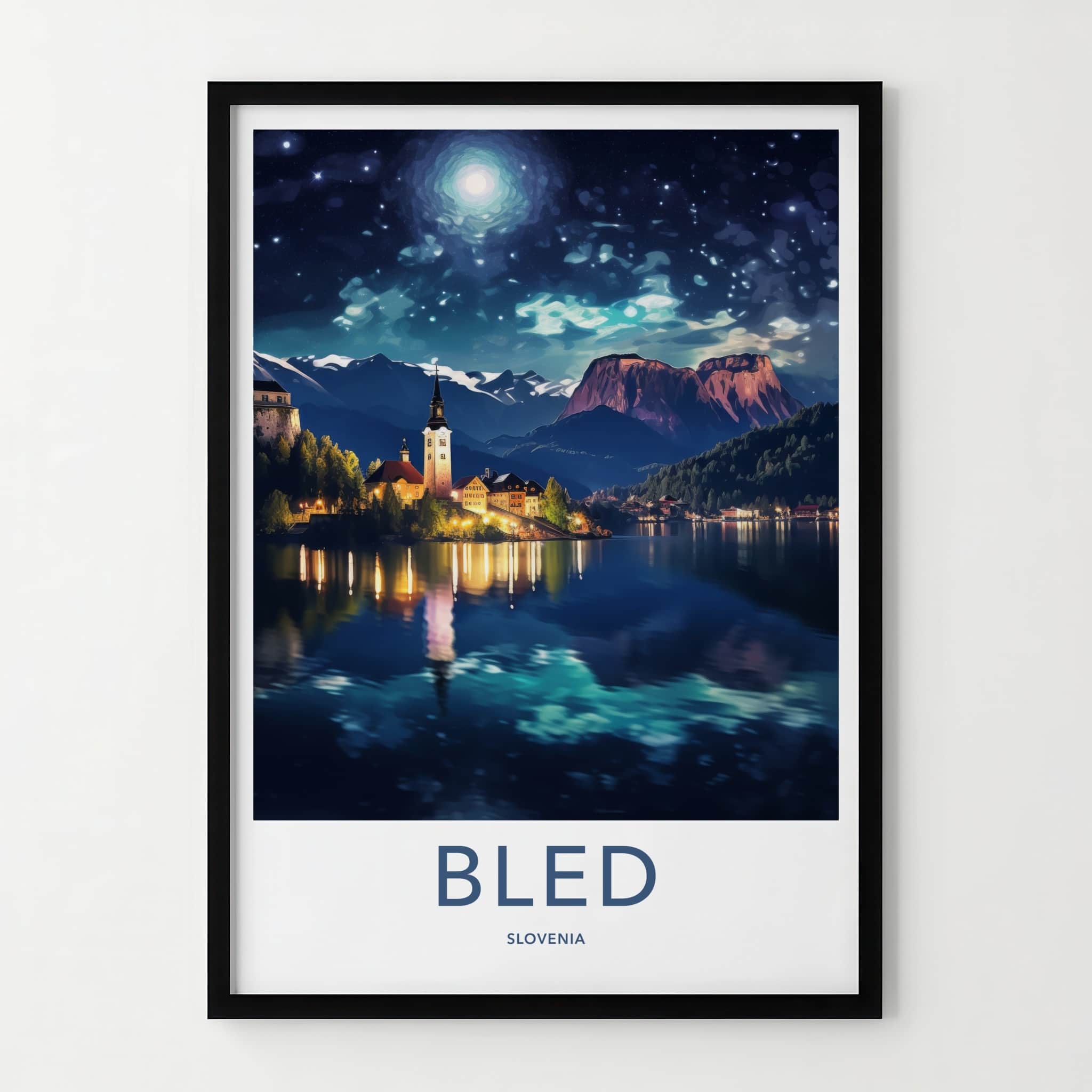 Bled Poster - Slovenia Wall Art - Moonlit Mountain Scene Gallery Art