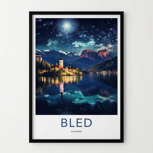 Bled Poster - Slovenia Wall Art - Moonlit Mountain Scene Gallery Art