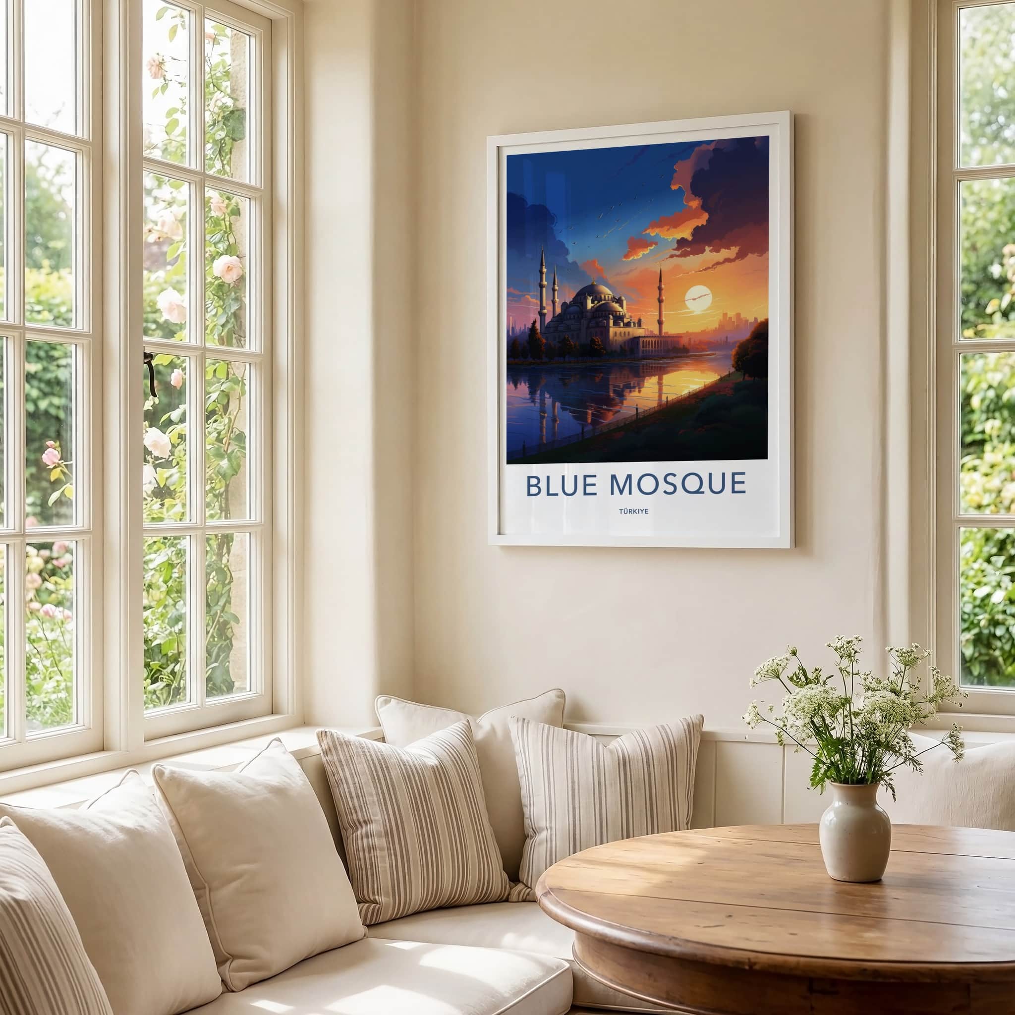 Blue Mosque Poster - Turkiye Travel Art - Vibrant Sunset Reflection Home Decor