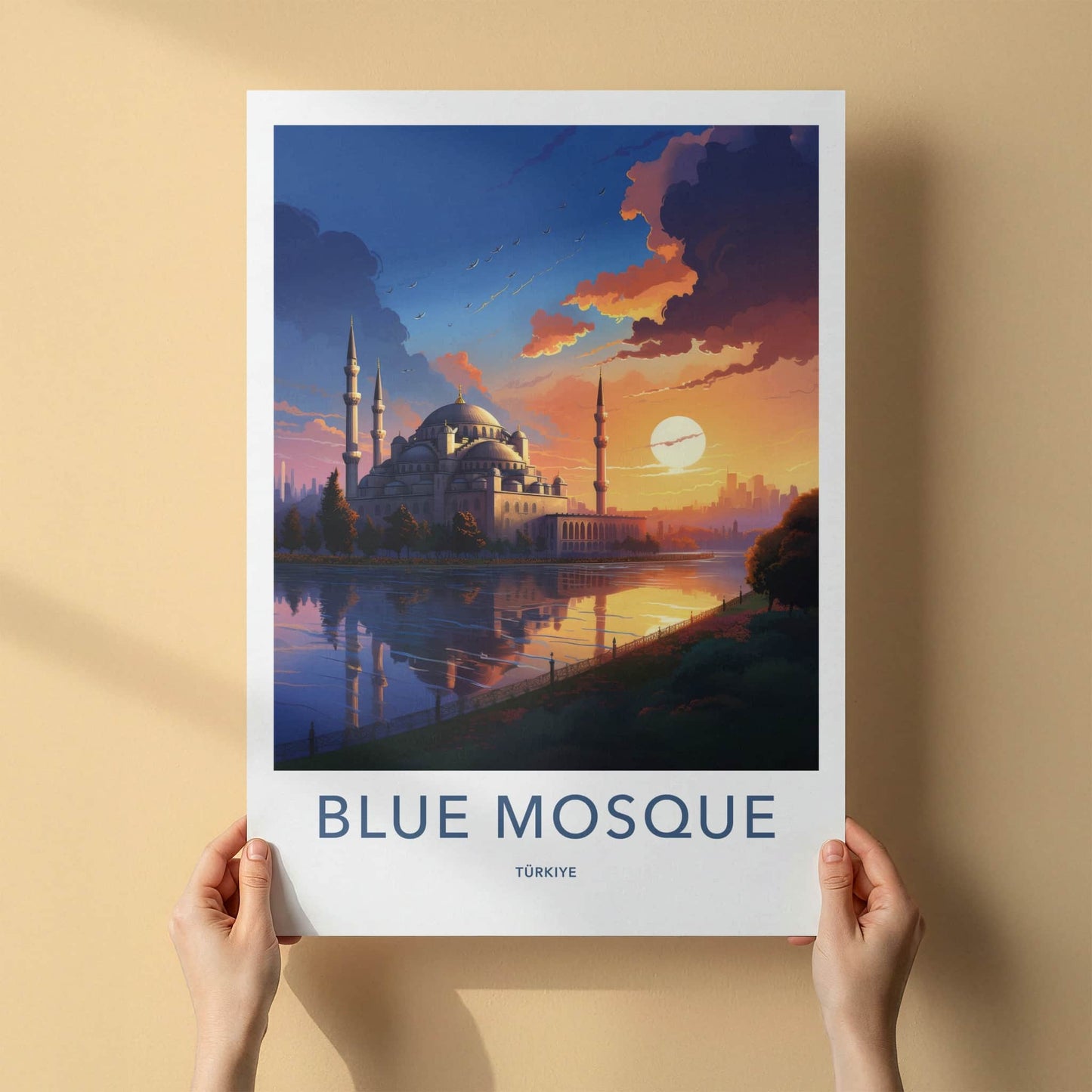 Blue Mosque Poster - Turkiye Travel Art - Vibrant Sunset Reflection Home Decor