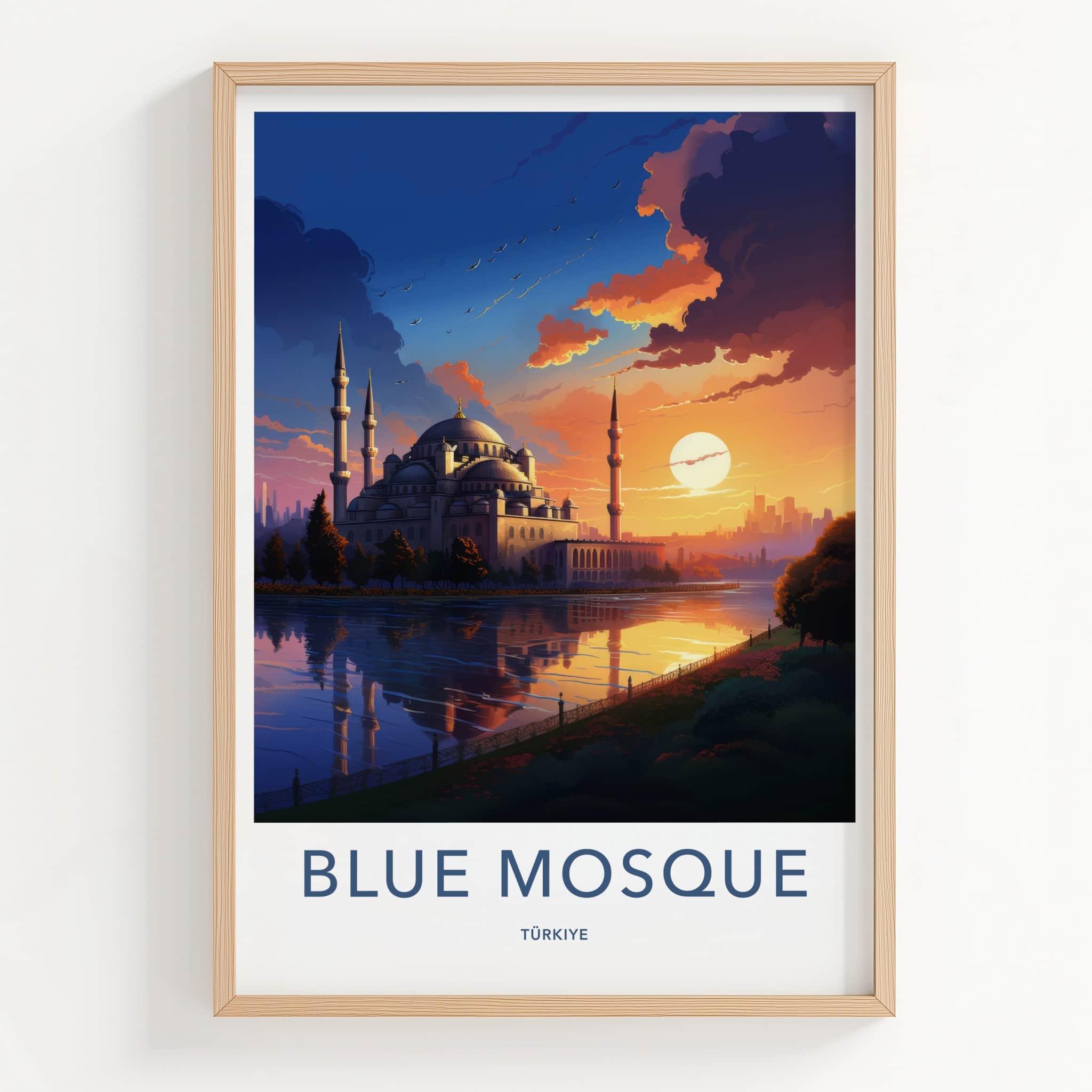 Blue Mosque Poster - Turkiye Travel Art - Vibrant Sunset Reflection Home Decor