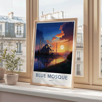 Blue Mosque Poster - Turkiye Travel Art - Vibrant Sunset Reflection Home Decor