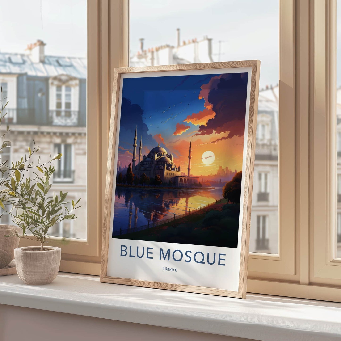 Blue Mosque Poster - Turkiye Travel Art - Vibrant Sunset Reflection Home Decor