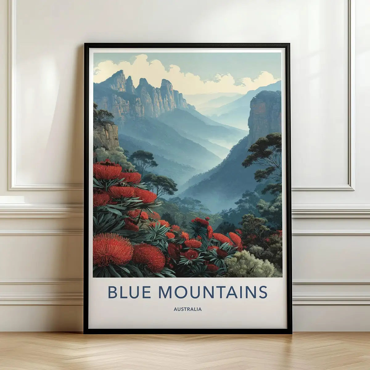 Framed poster of the Blue Mountains with red flowers and mountains in the background.