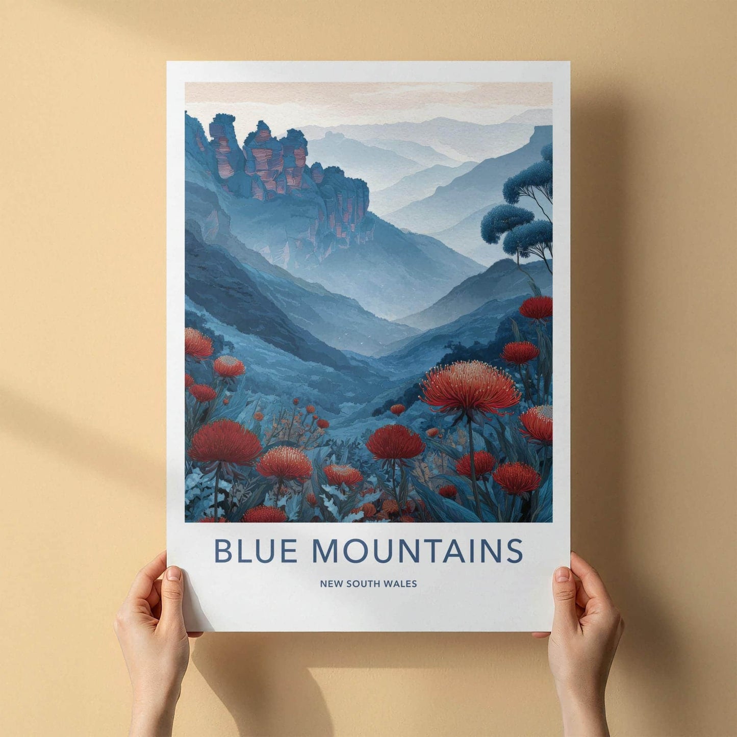 Blue Mountains Poster - Australia Scenic Art - Red flower vista Home Decor