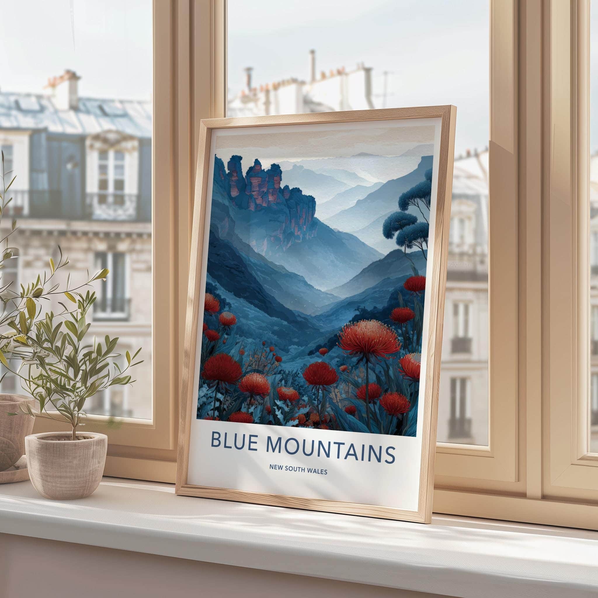 Blue Mountains Poster - Australia Scenic Art - Red flower vista Home Decor