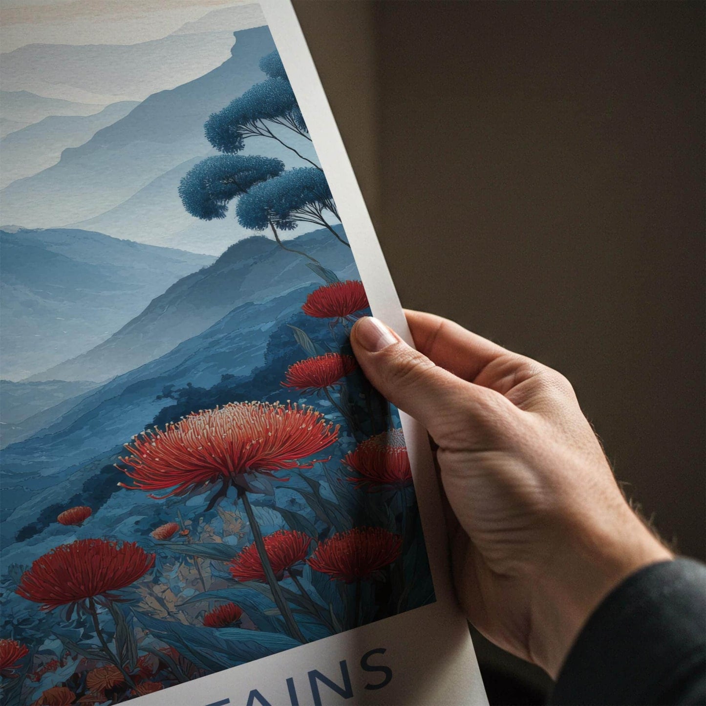 Blue Mountains Poster - Australia Scenic Art - Red flower vista Home Decor