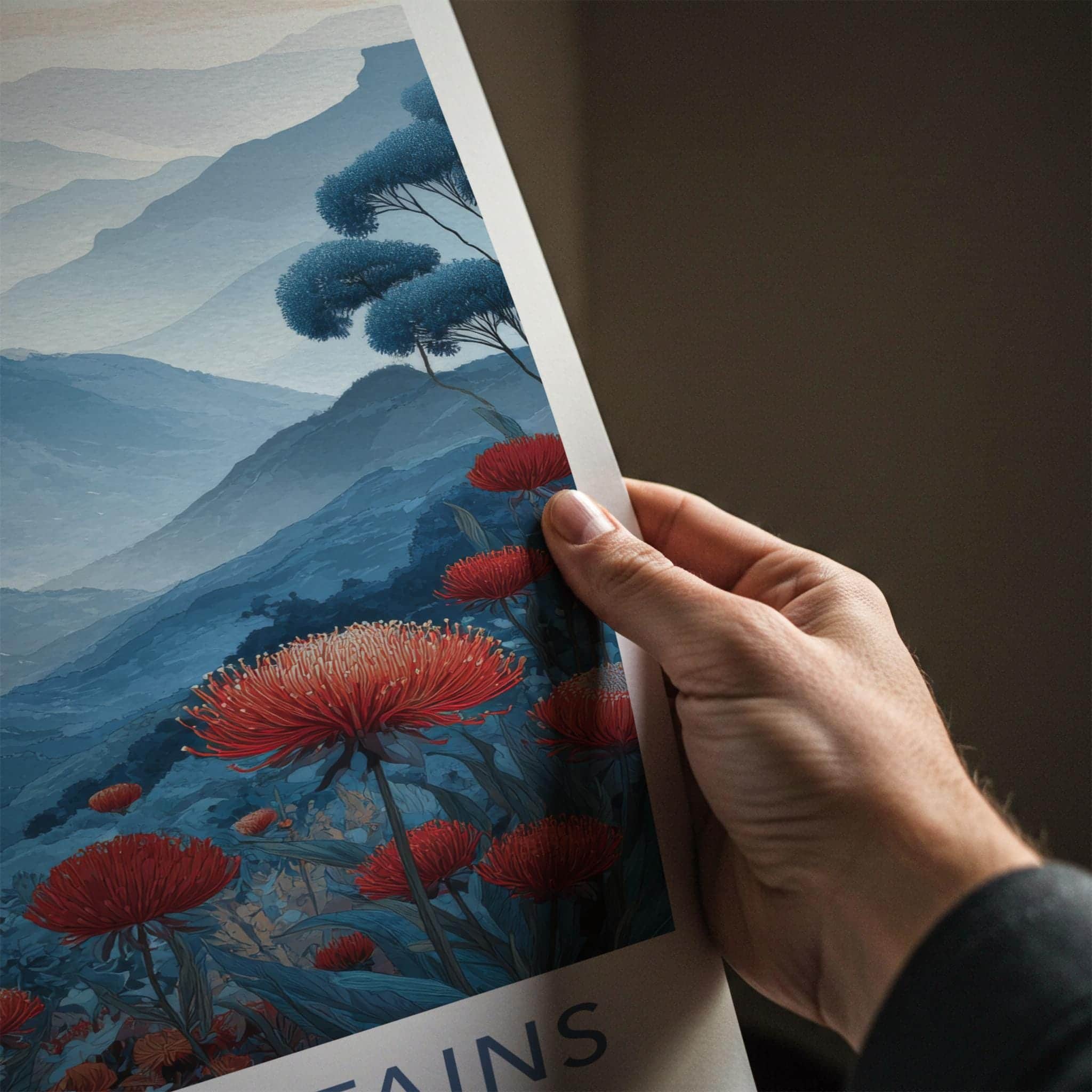 Blue Mountains Poster - Australia Scenic Art - Red flower vista Home Decor