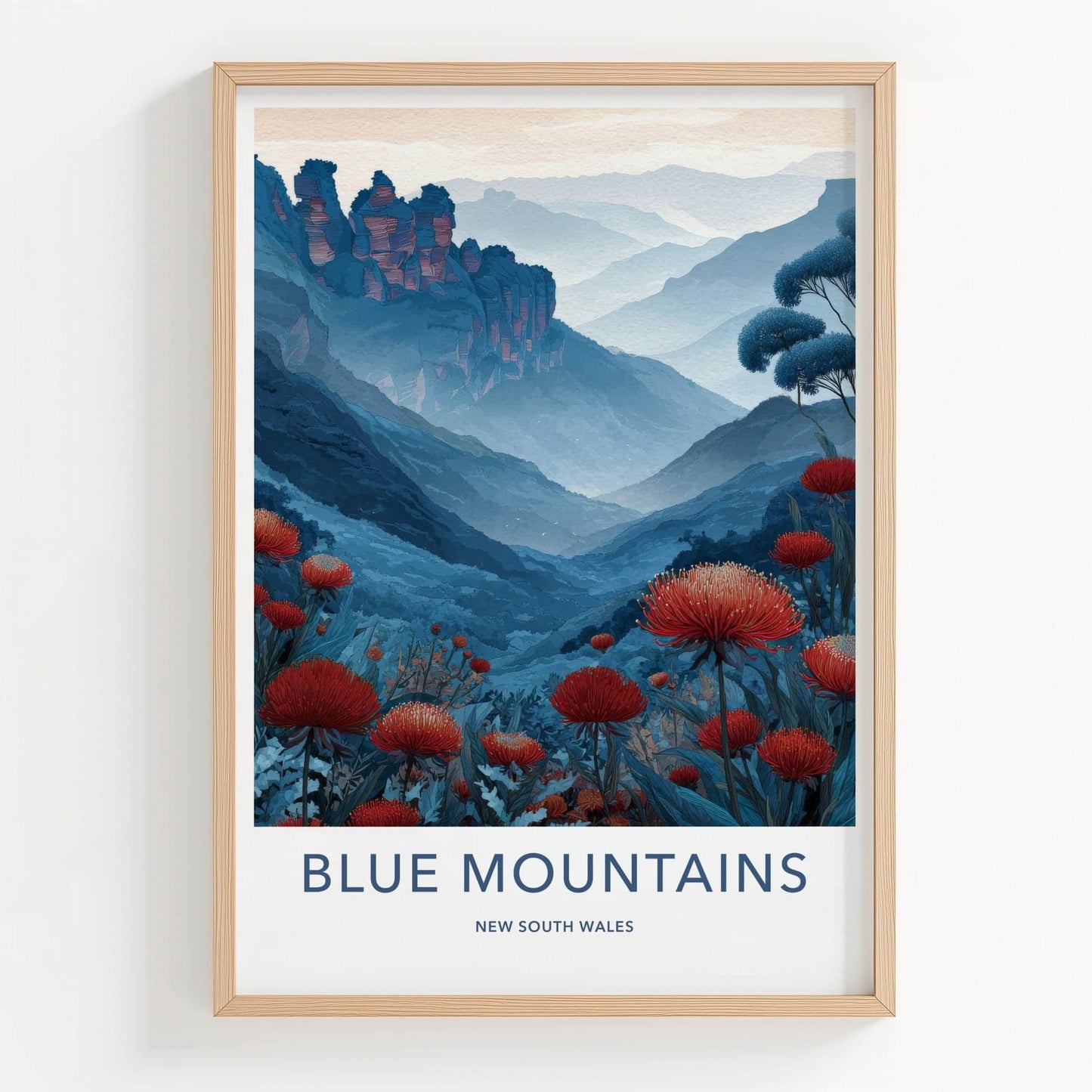 Blue Mountains Poster - Australia Scenic Art - Red flower vista Home Decor