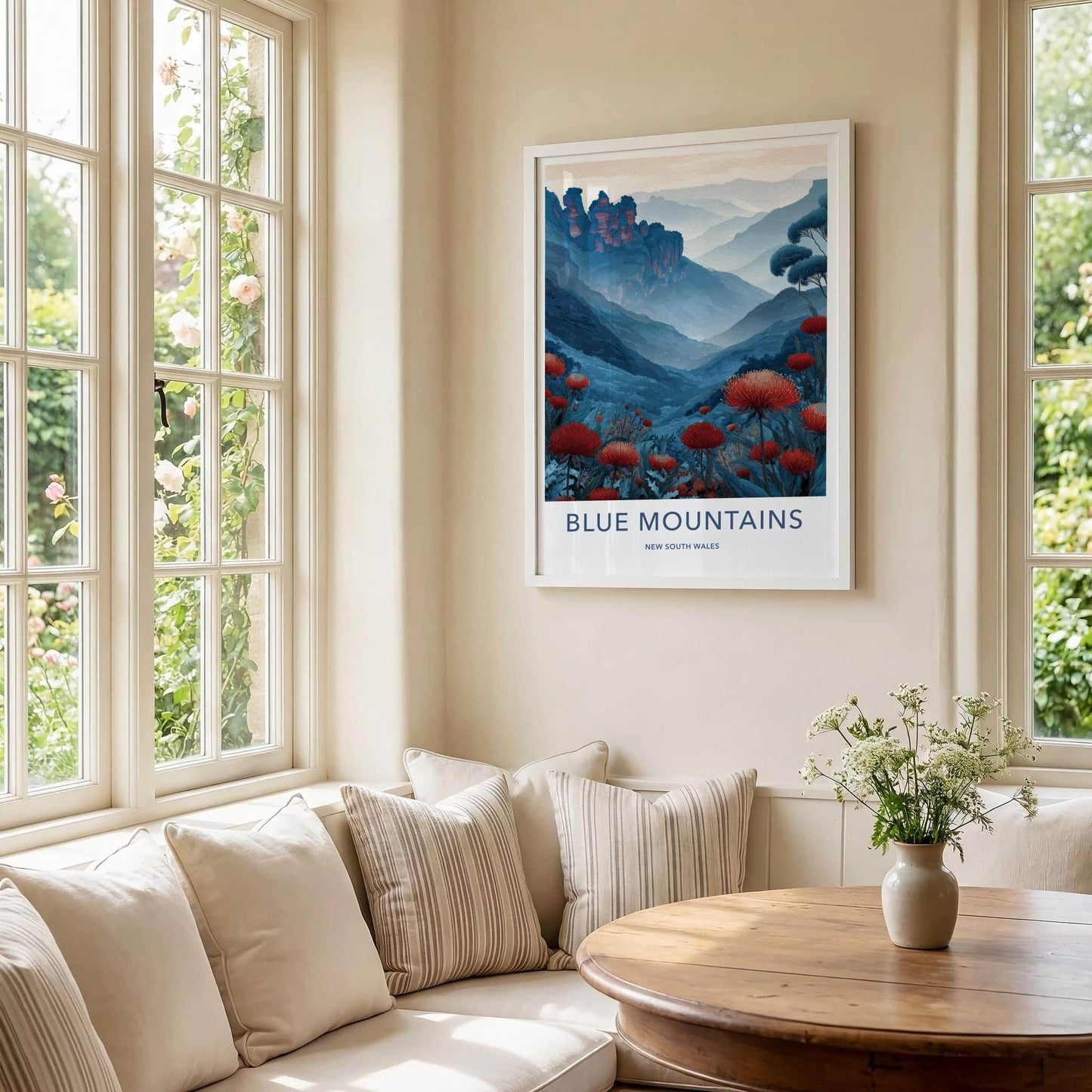 Blue Mountains Poster - Australia Scenic Art - Red flower vista Home Decor