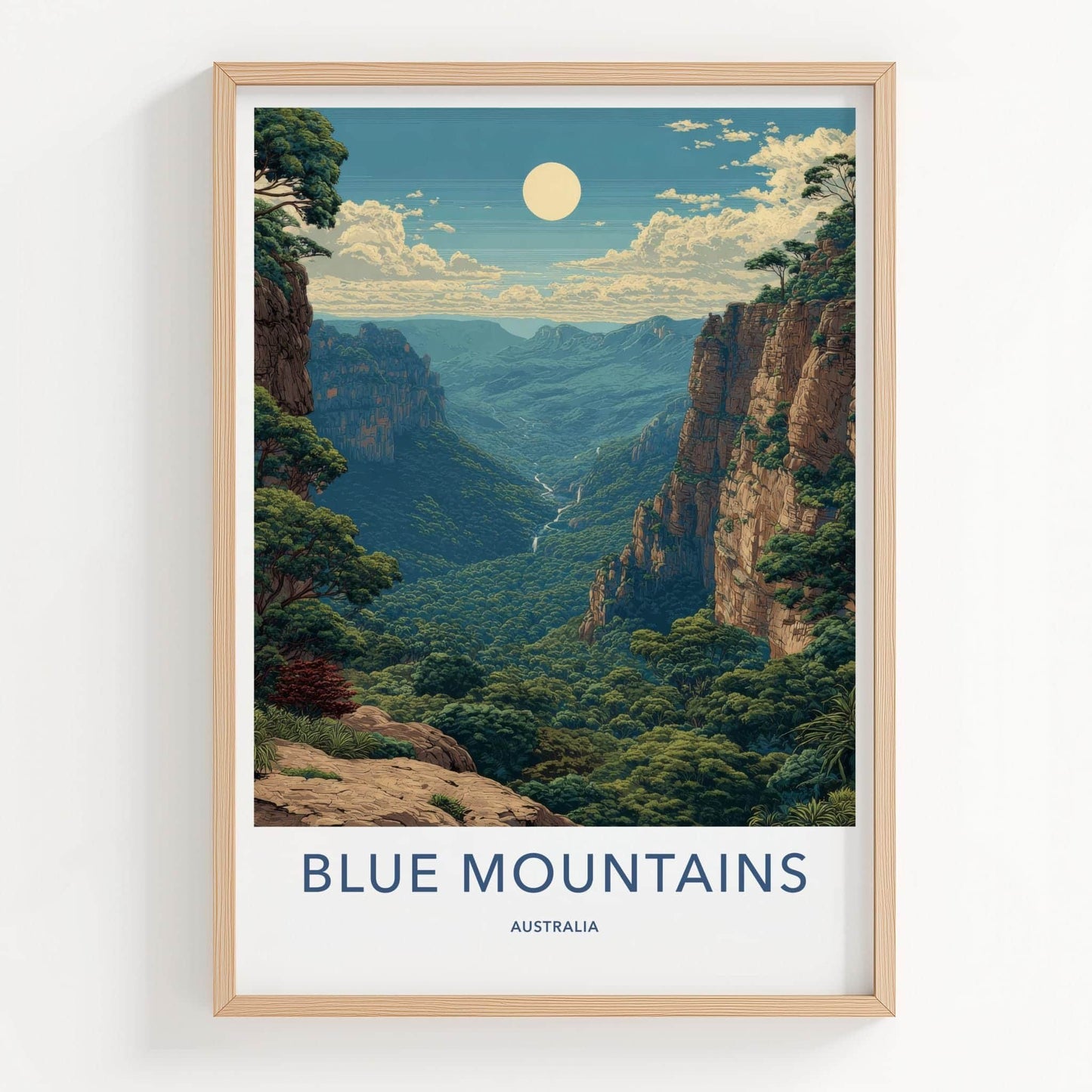 Blue Mountains Poster - Australia Travel Art - Lush Valley Moon Wall Decor