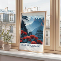 Blue Mountains Poster - Australia Travel Art - Misty Peaks Waratah Wall Decor