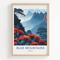 Blue Mountains Poster - Australia Travel Art - Misty Peaks Waratah Wall Decor