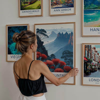 Blue Mountains Poster - Australia Travel Art - Misty Peaks Waratah Wall Decor