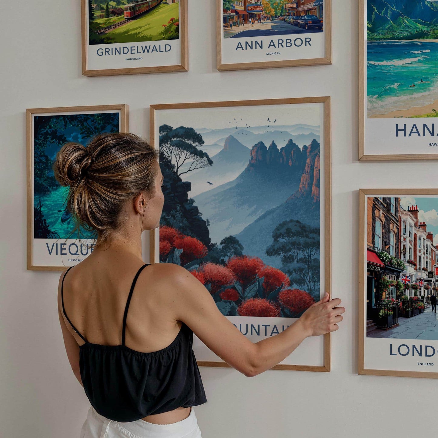 Blue Mountains Poster - Australia Travel Art - Misty Peaks Waratah Wall Decor
