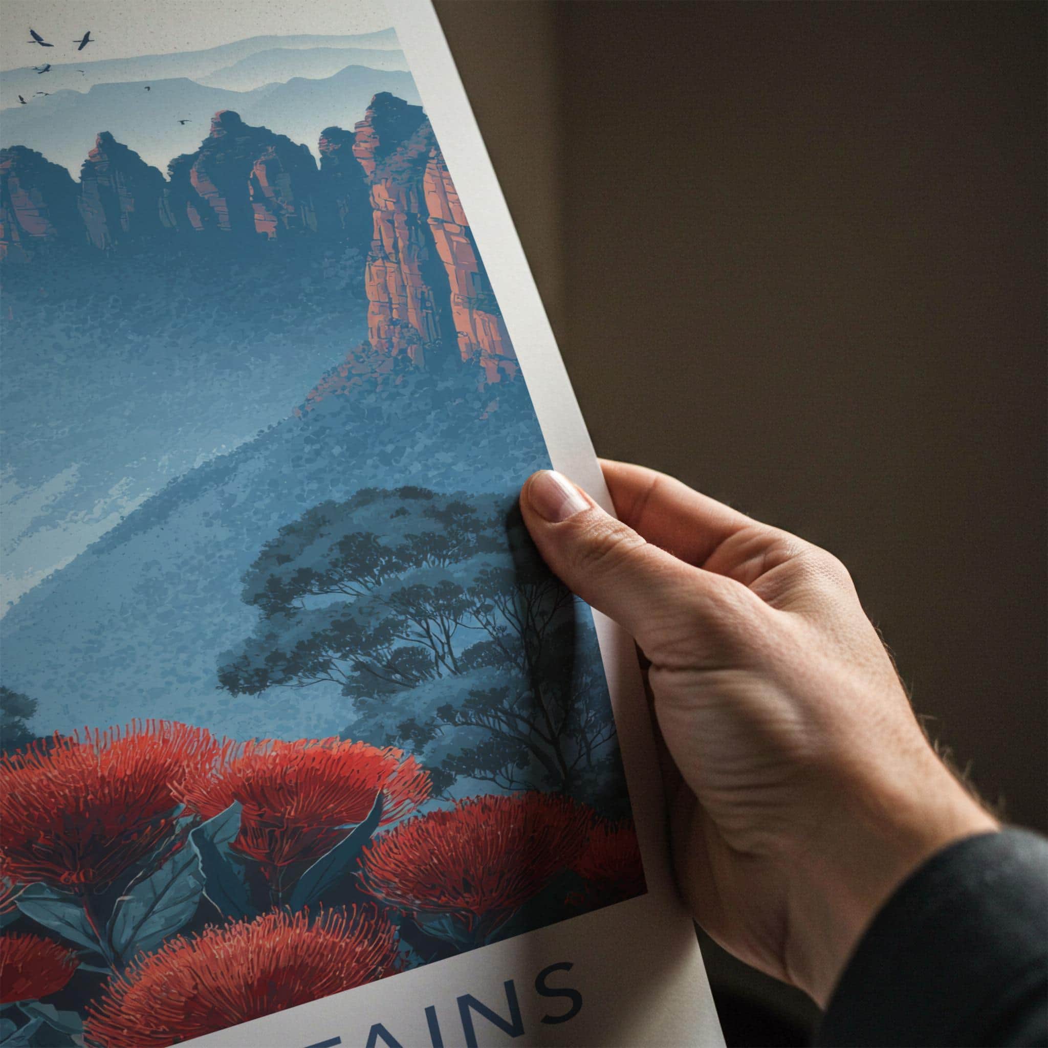 Blue Mountains Poster - Australia Travel Art - Misty Peaks Waratah Wall Decor