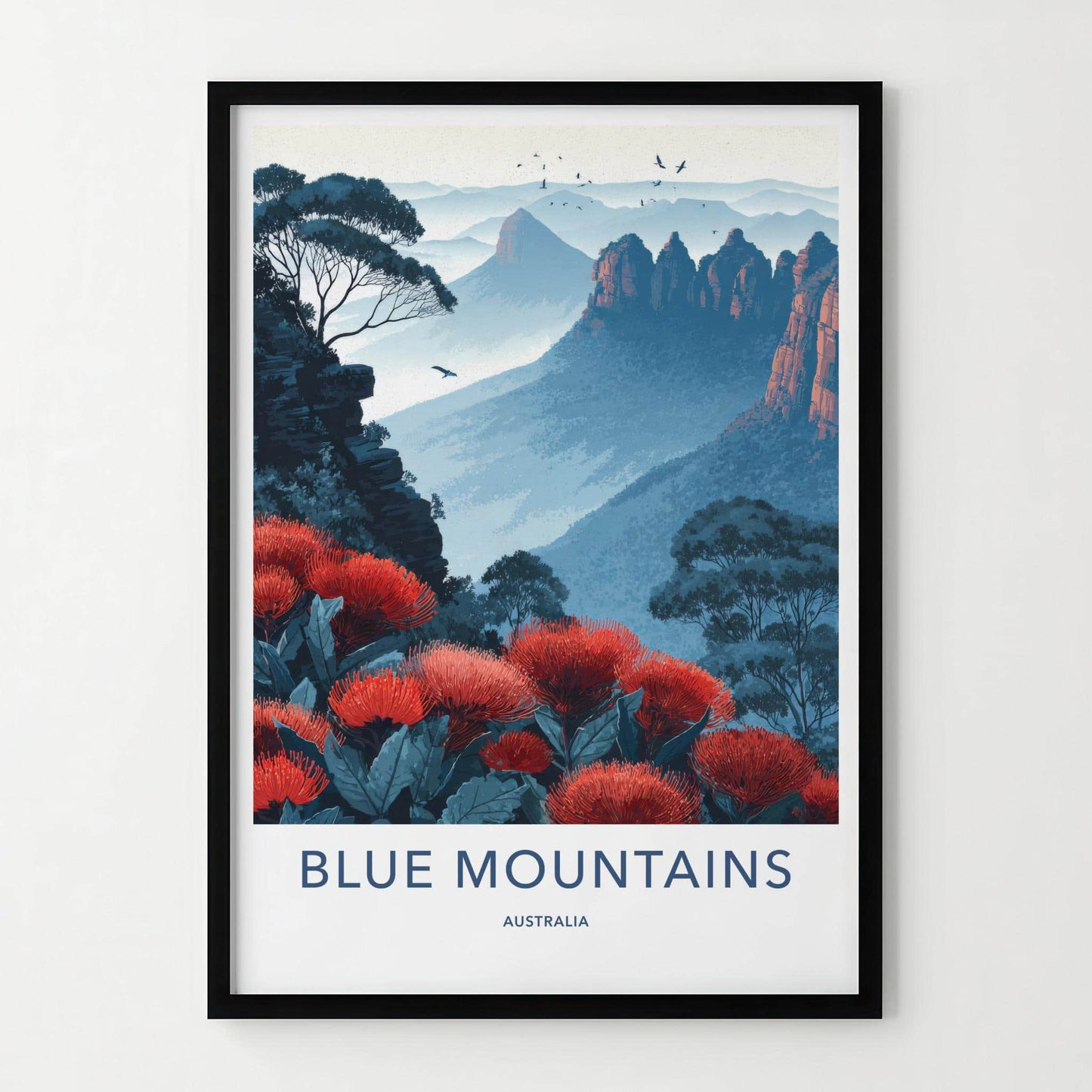 Blue Mountains Poster - Australia Travel Art - Misty Peaks Waratah Wall Decor