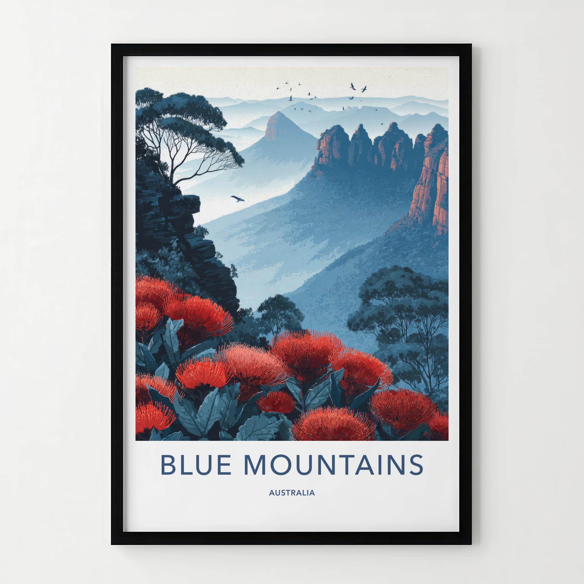 Blue Mountains Poster - Australia Travel Art - Misty Peaks Waratah Wall Decor
