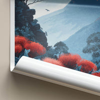 Blue Mountains Poster - Australia Travel Art - Misty Peaks Waratah Wall Decor