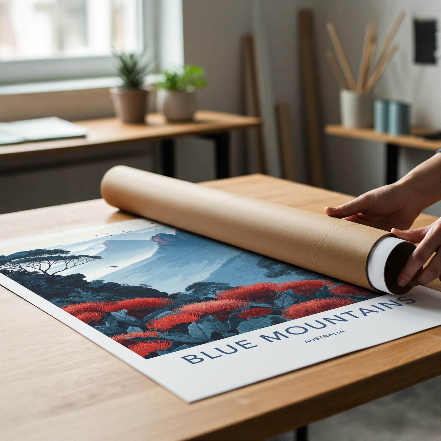 Blue Mountains Poster - Australia Travel Art - Misty Peaks Waratah Wall Decor