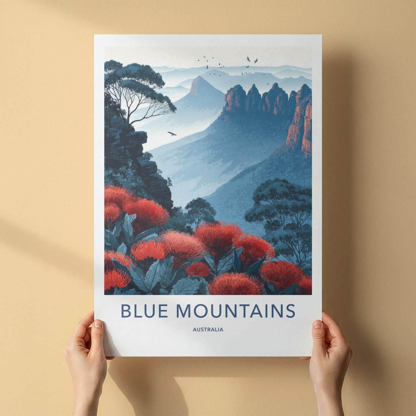 Blue Mountains Poster - Australia Travel Art - Misty Peaks Waratah Wall Decor