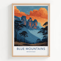 Blue Mountains Poster - Australia Travel Art - Three Sisters Sunset Wall Decor