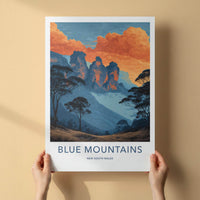 Blue Mountains Poster - Australia Travel Art - Three Sisters Sunset Wall Decor