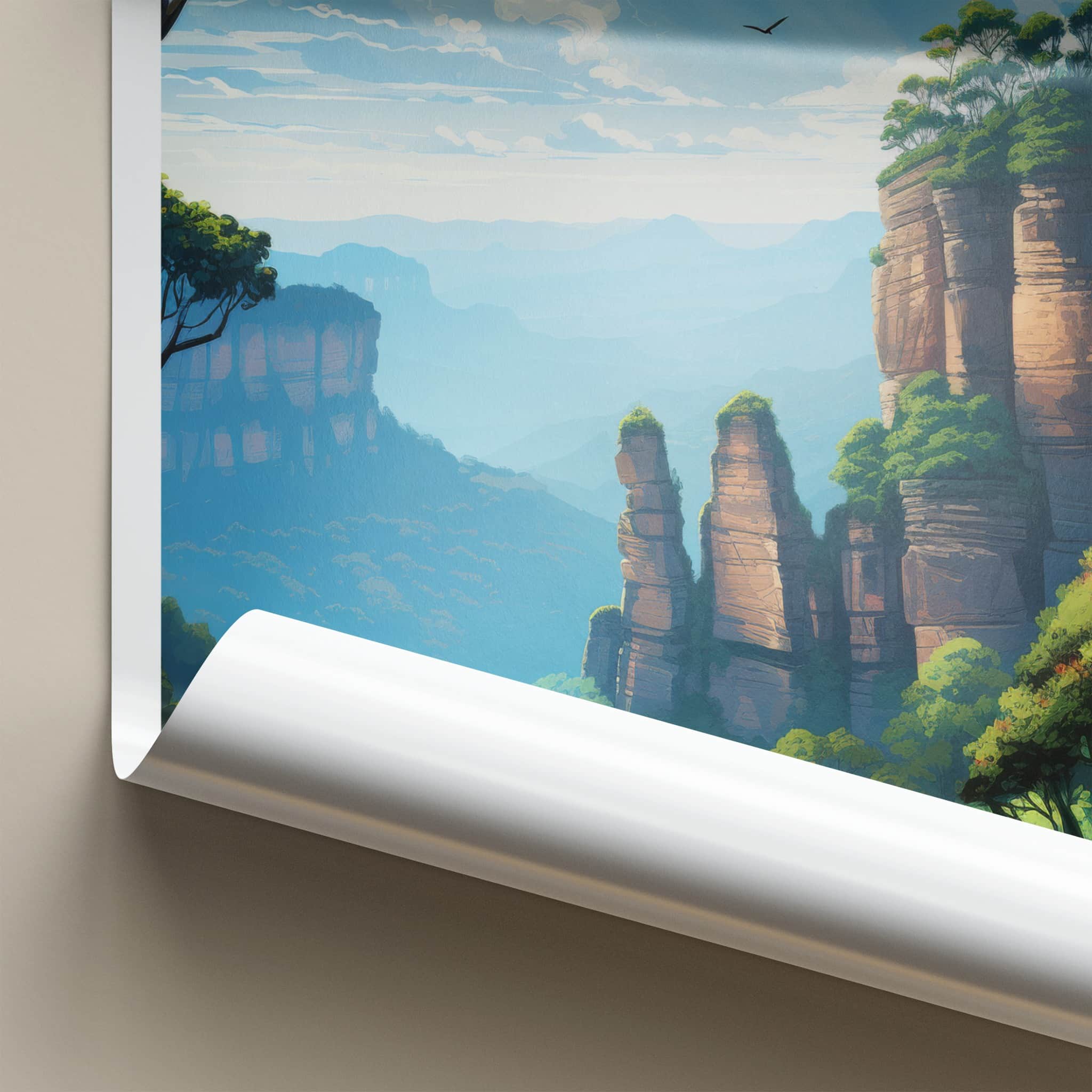 Blue Mountains Poster - Australia Travel Art - Towering Cliff Valley Wall Decor