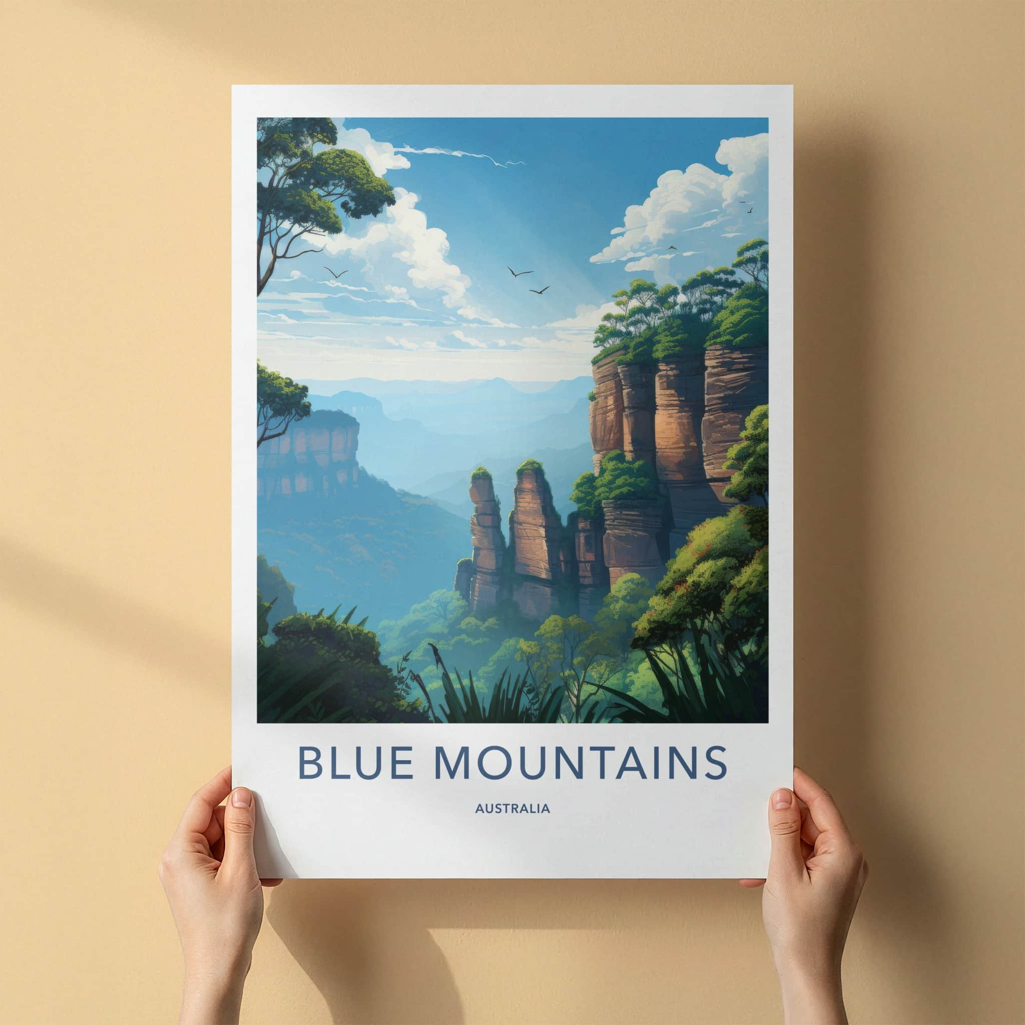 Blue Mountains Poster - Australia Travel Art - Towering Cliff Valley Wall Decor