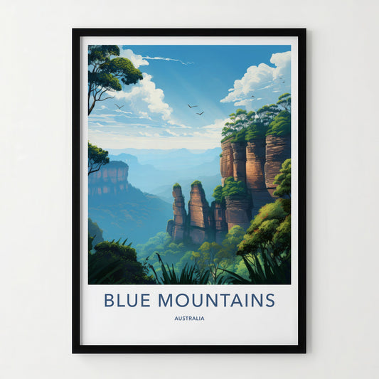 Blue Mountains Poster - Australia Travel Art - Towering Cliff Valley Wall Decor