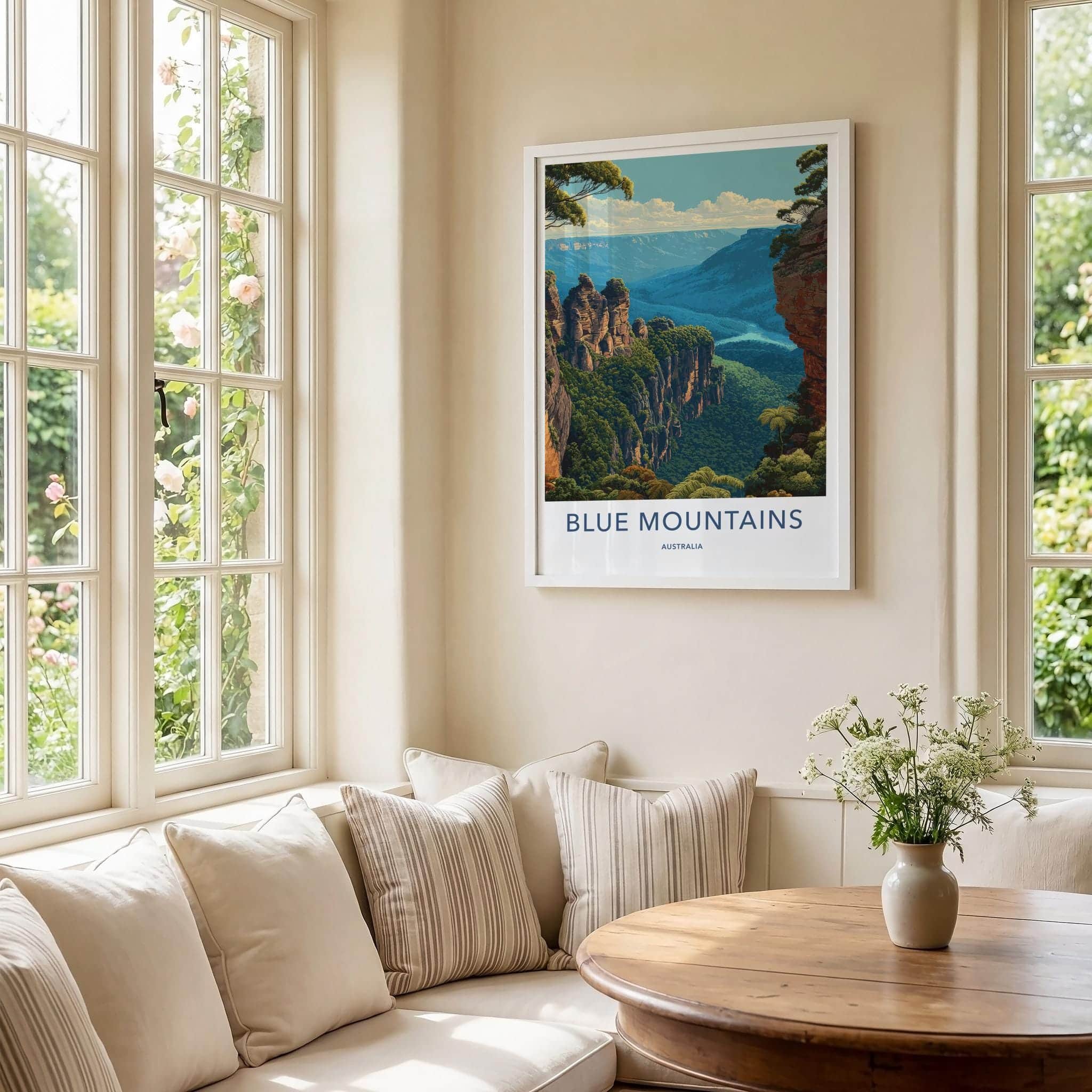 Blue Mountains Poster - Australia Travel Art - Valley Cliffscape Wall Decor