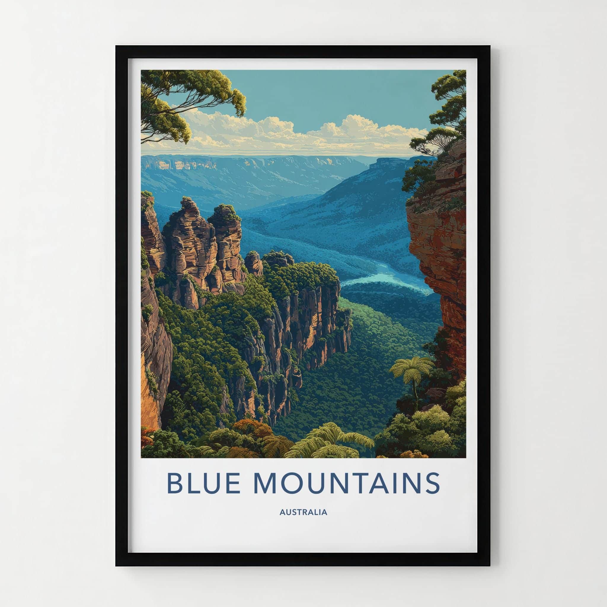 Blue Mountains Poster - Australia Travel Art - Valley Cliffscape Wall Decor