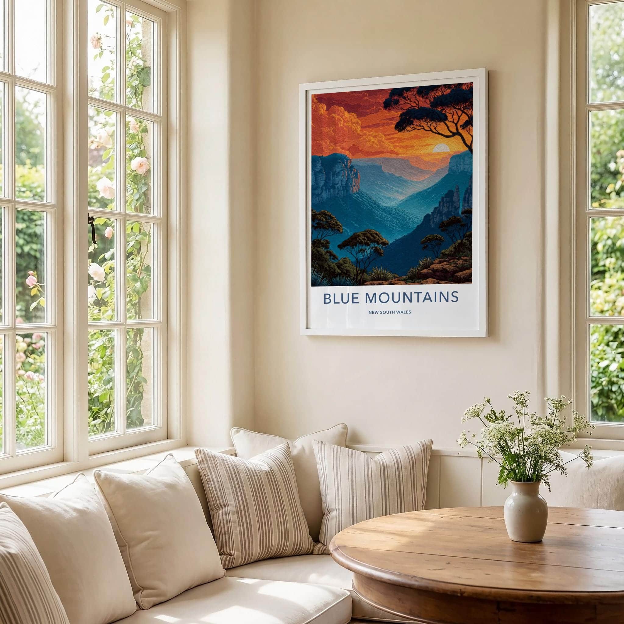 Blue Mountains Poster - New South Wales Wall Art - Fiery Sunset Gorge Room Decor