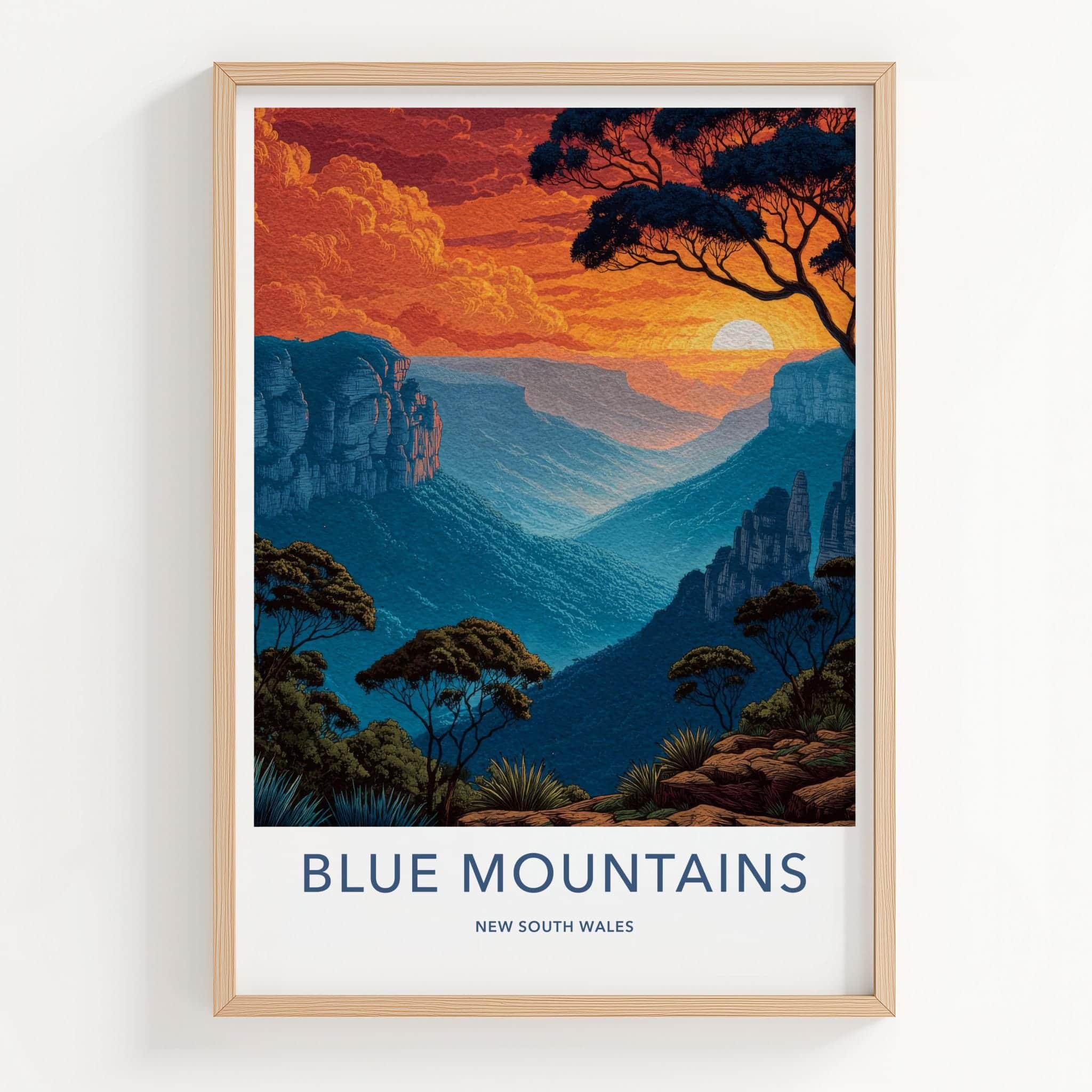 Blue Mountains Poster - New South Wales Wall Art - Fiery Sunset Gorge Room Decor