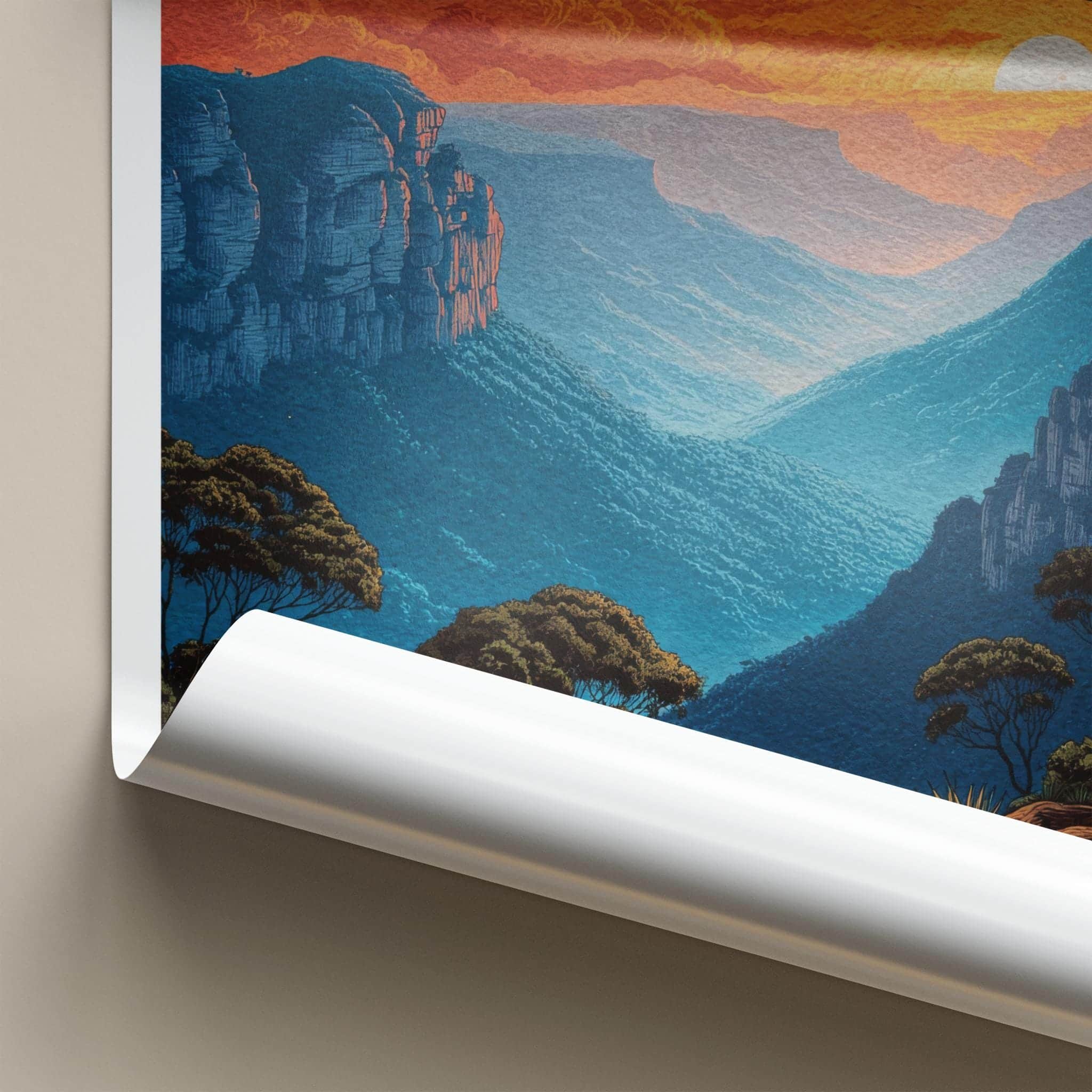 Blue Mountains Poster - New South Wales Wall Art - Fiery Sunset Gorge Room Decor